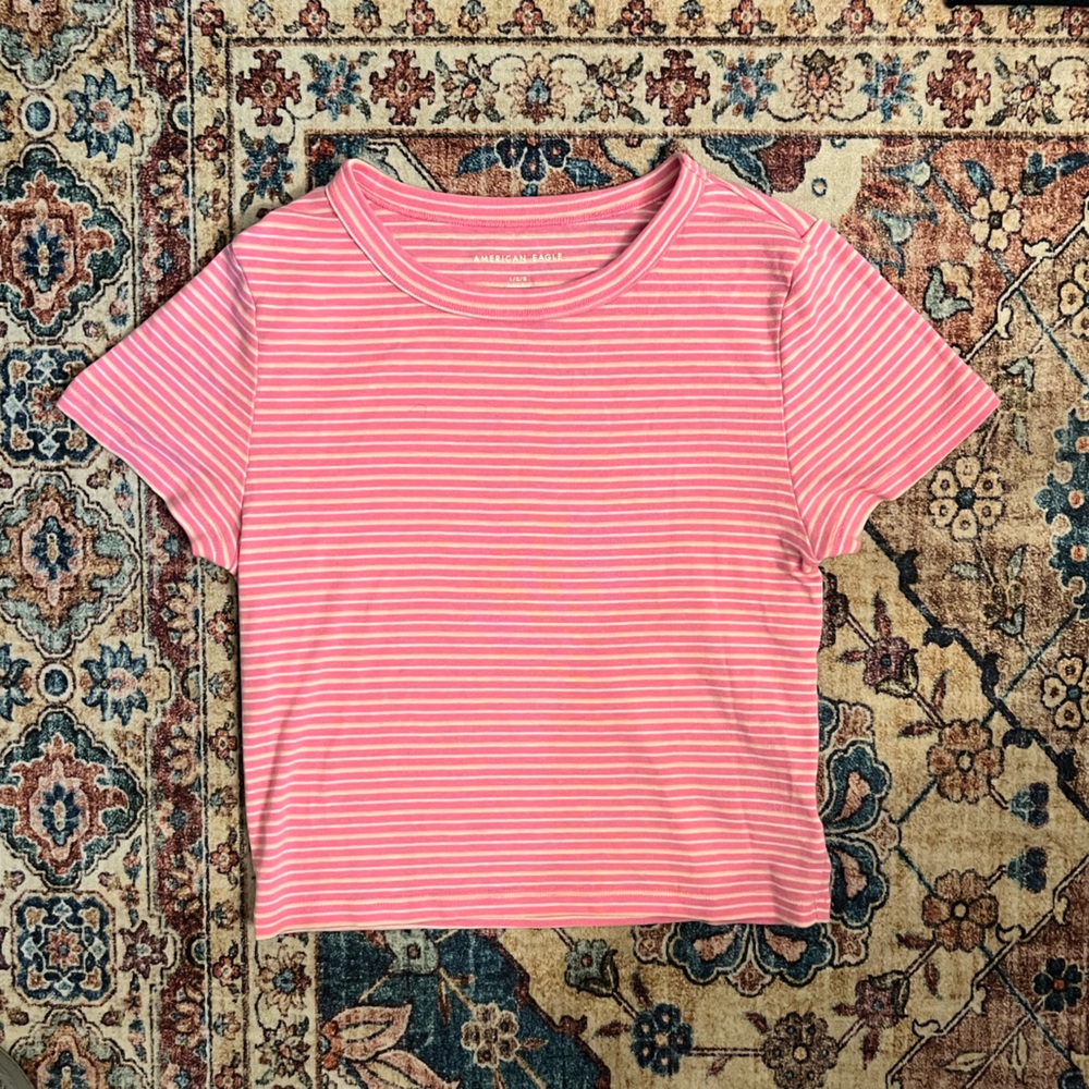 American Eagle Outfitters Pink and White Striped cropped Tee, size large
